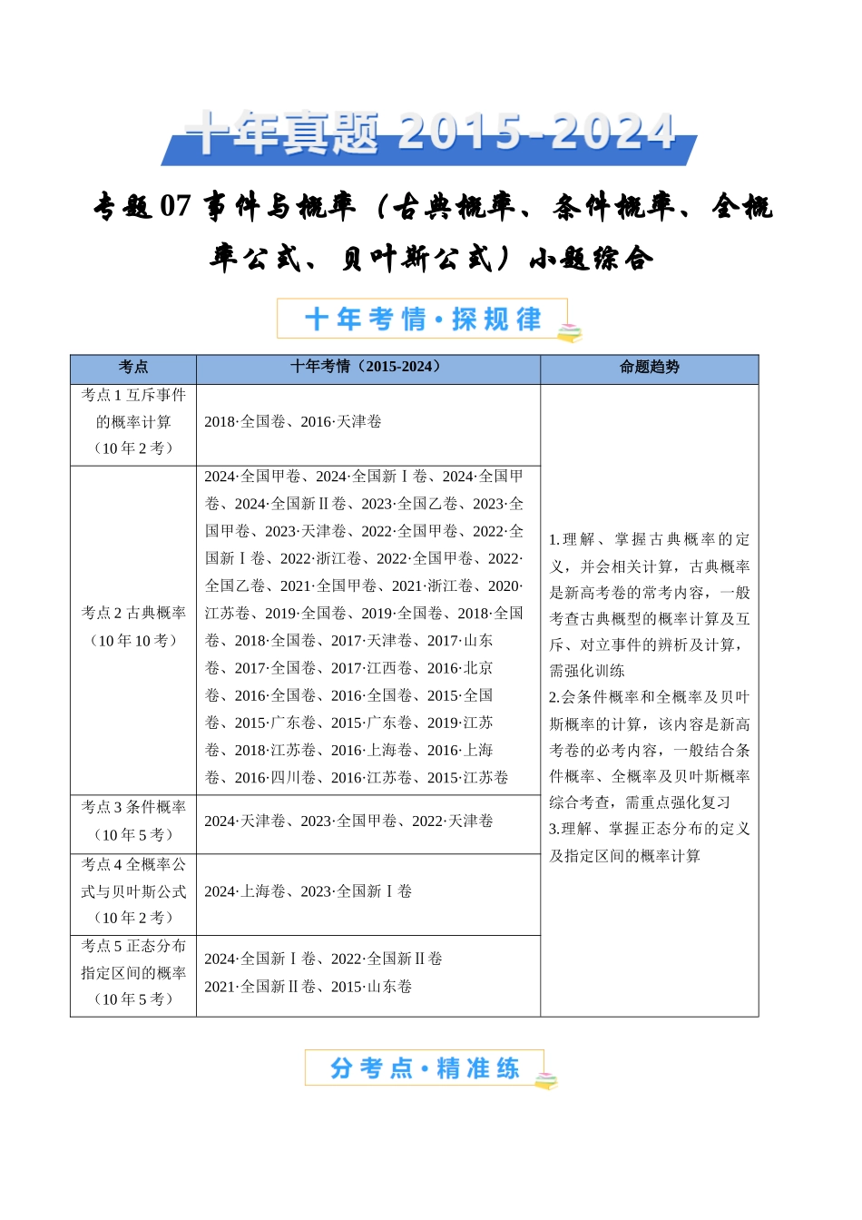 专题07 事件与概率（古典概率、条件概率、全概率公式、贝叶斯公式）小题综合（教师卷）- 十年（2015-2024）高考真题数学分项汇编（全国通用）.docx_第1页
