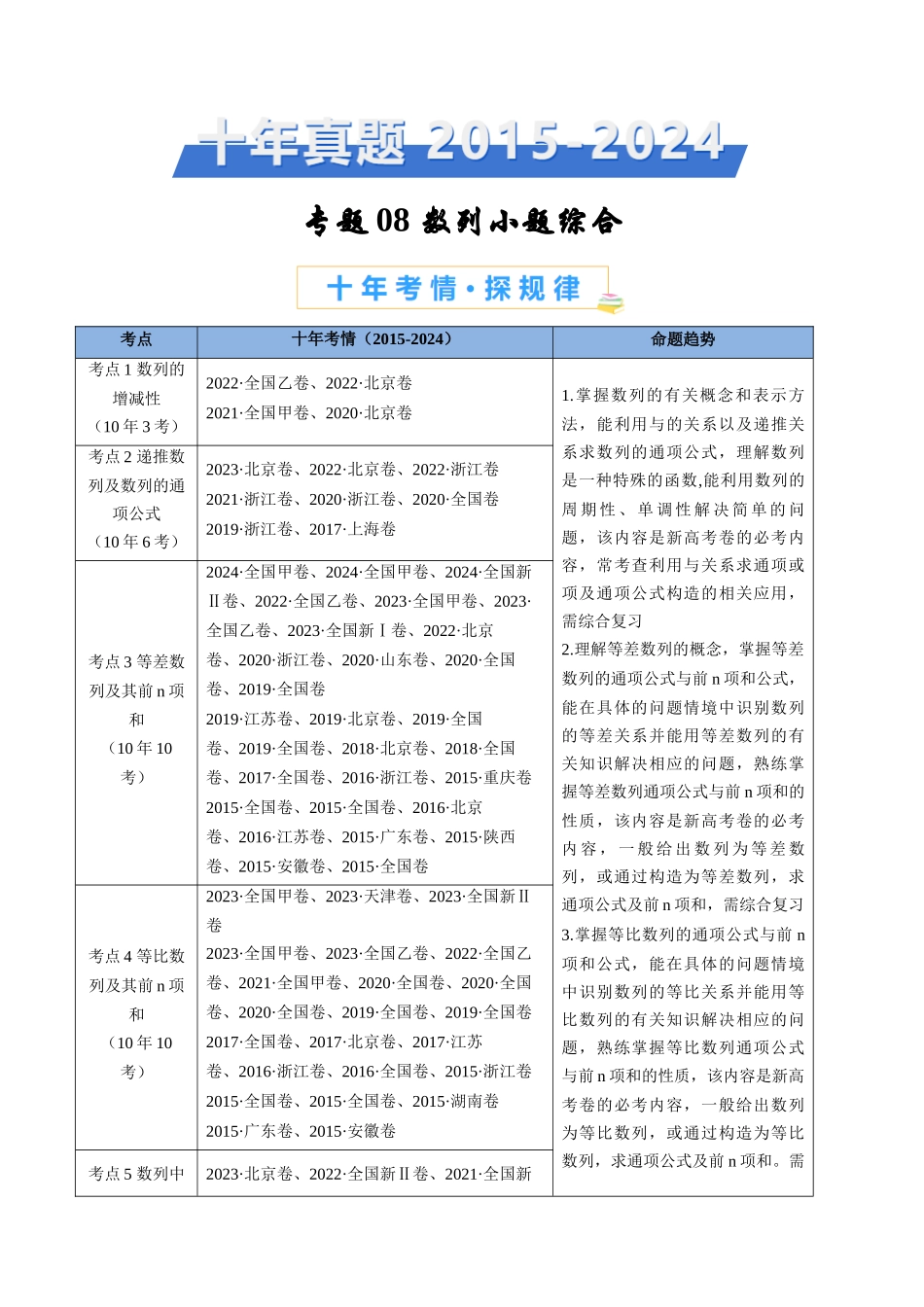 专题08 数列小题综合（教师卷）- 十年（2015-2024）高考真题数学分项汇编（全国通用）.docx_第1页