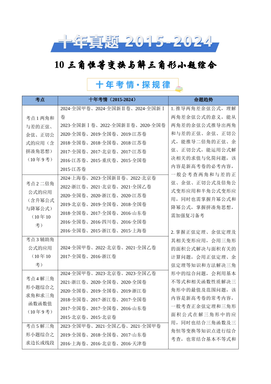 专题10 三角恒等变换与解三角形小题综合（学生卷）- 十年（2015-2024）高考真题数学分项汇编（全国通用）.docx_第1页