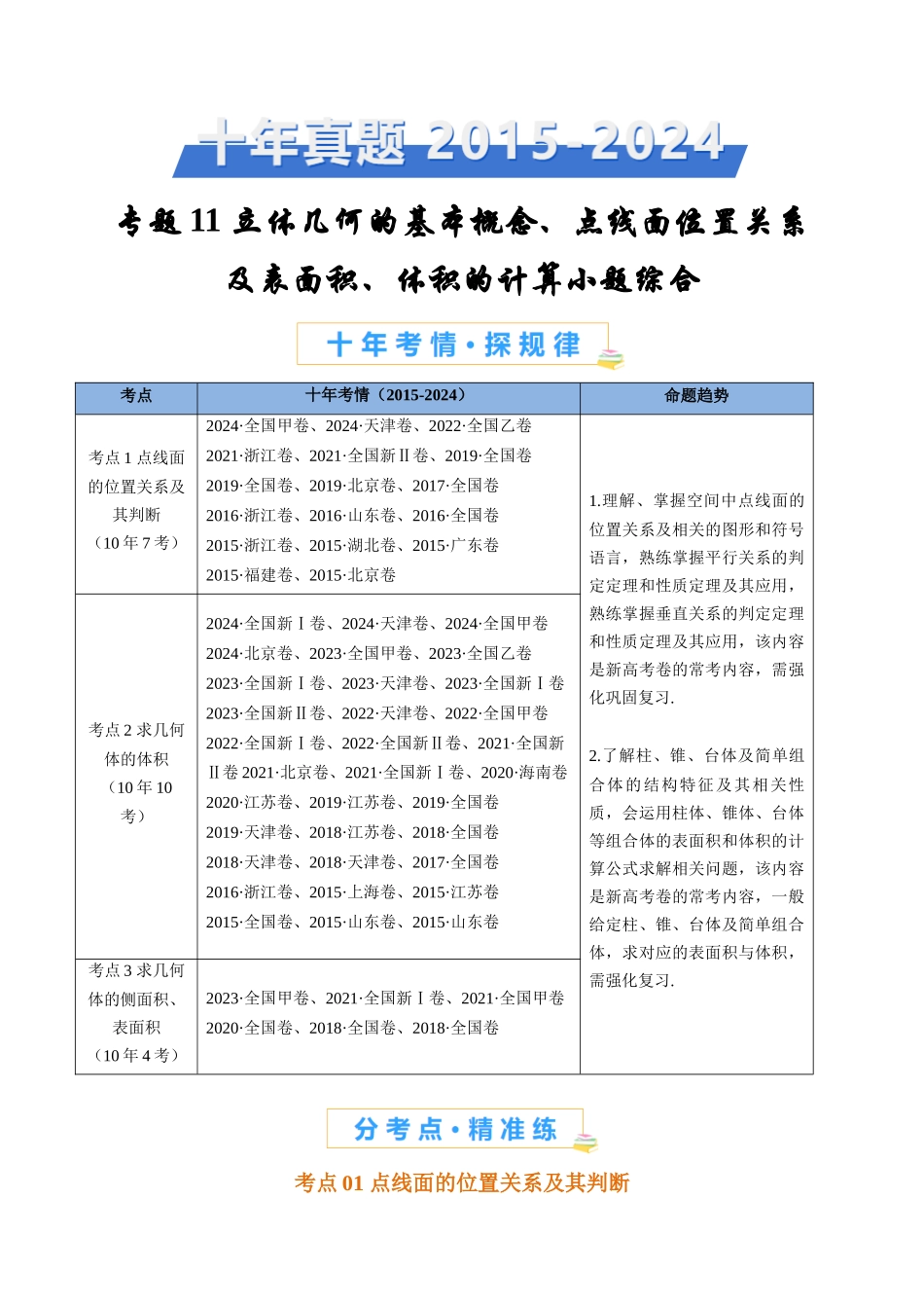 专题11 立体几何的基本概念、点线面位置关系及表面积、体积的计算小题综合（学生卷）- 十年（2015-2024）高考真题数学分项汇编（全国通用）.docx_第1页