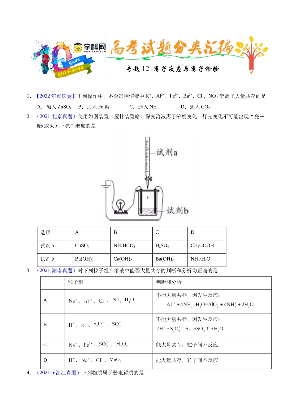 专题12  离子反应与离子检验（原卷卷）.docx_第1页