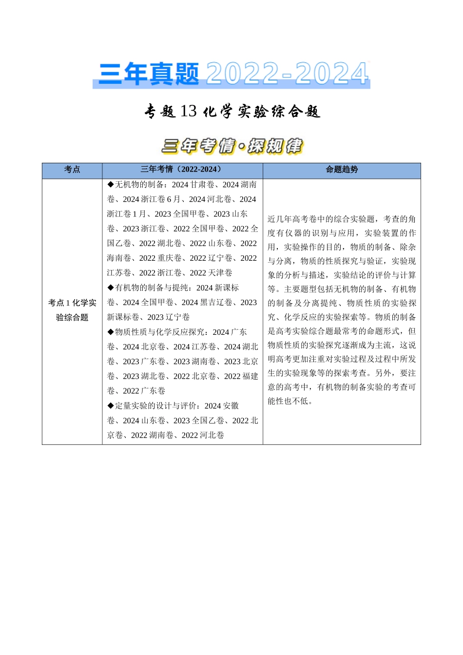专题13 化学实验综合题-三年（2022-2024）高考化学真题分类汇编（全国通用）（学生卷）.docx_第1页