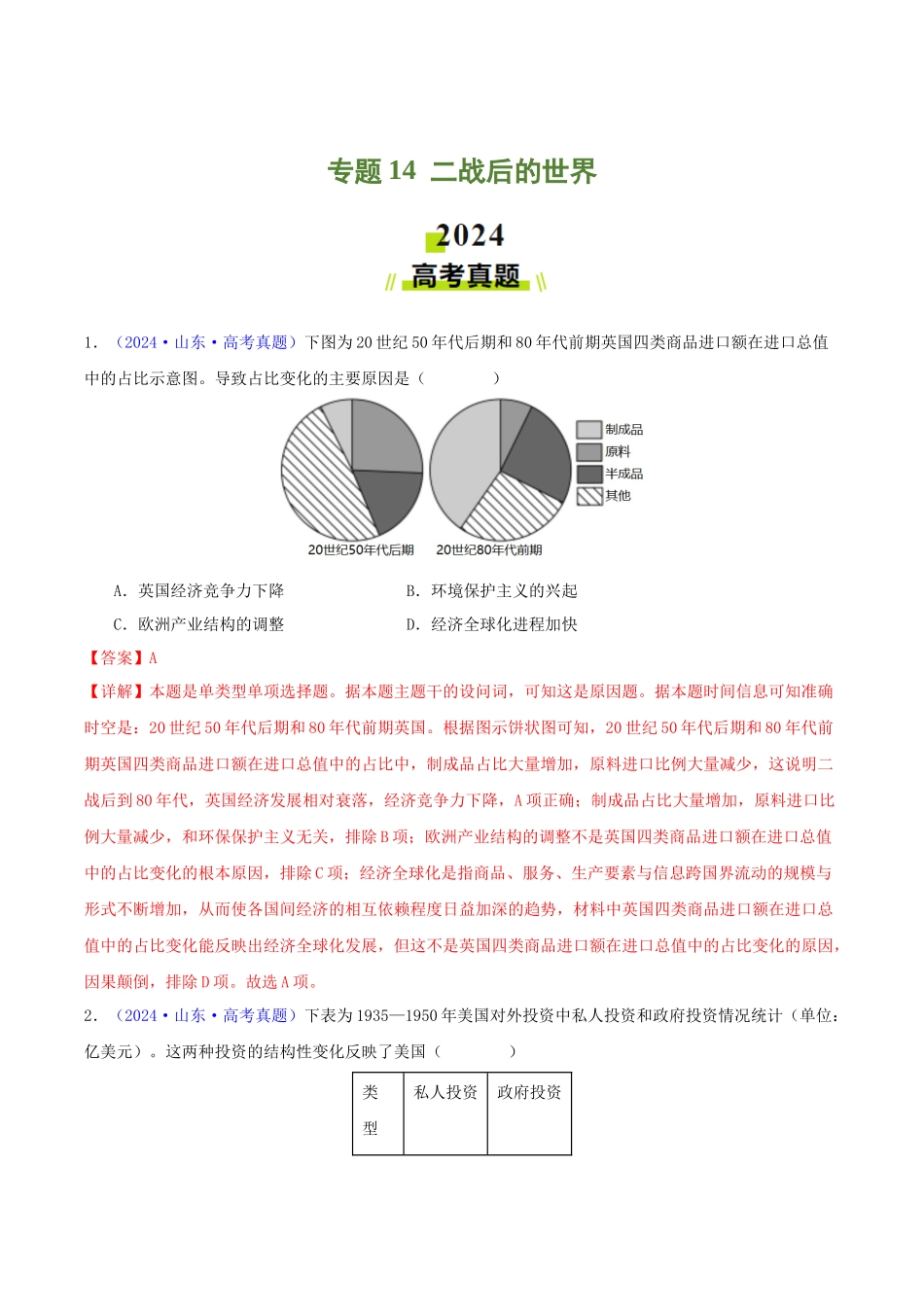 专题14  二战后的世界（教师卷）- 2024年高考真题和模拟题历史分类汇编（全国通用）.docx_第1页
