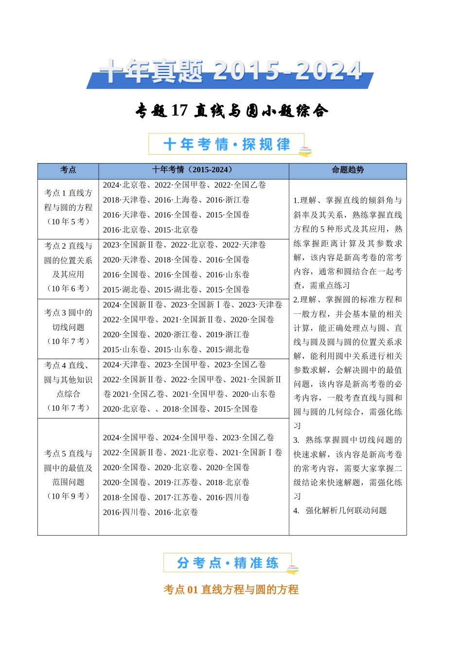 专题17 直线与圆小题综合（学生卷）- 十年（2015-2024）高考真题数学分项汇编（全国通用）.docx_第1页