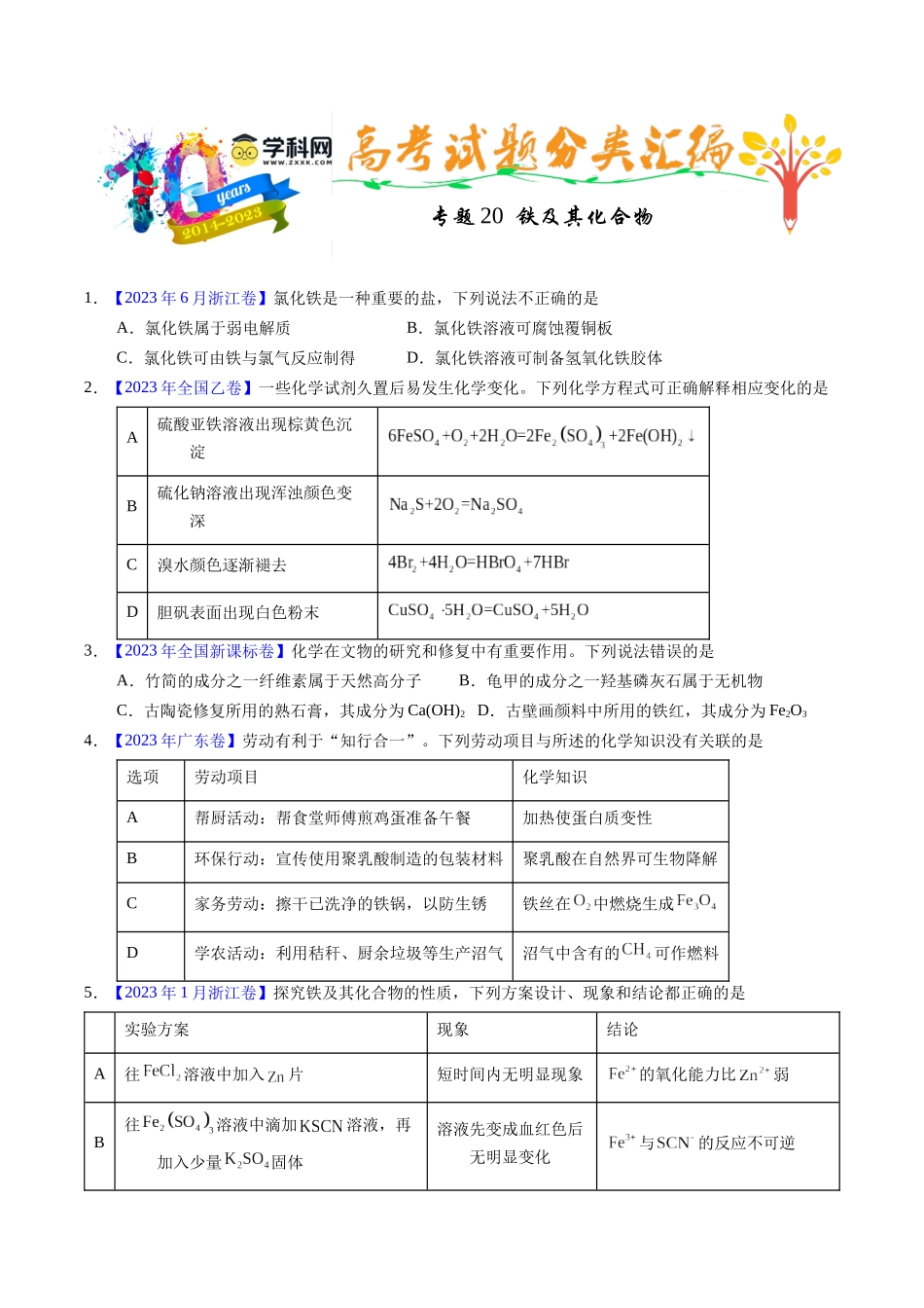 专题20  铁及其化合物（原卷卷）.docx_第1页