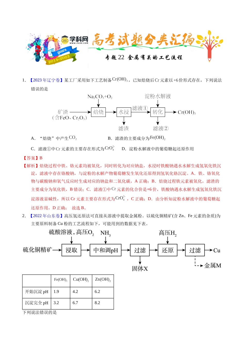 专题22  金属有关的工艺流程（解析卷）.docx_第1页
