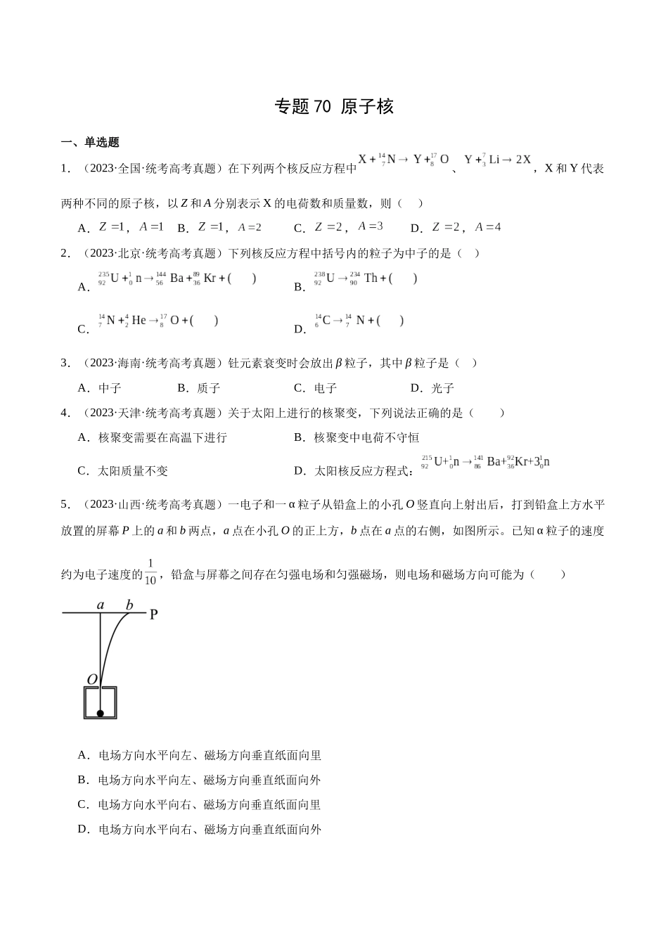 专题69 原子核（原卷卷）-十年（2014-2023）高考物理真题分项汇编（全国通用）.docx_第1页