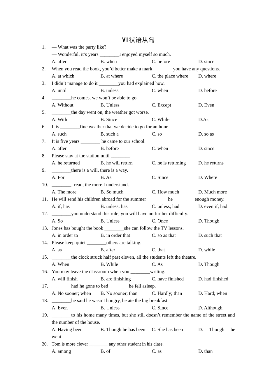 初高中衔接英语语法专项练习：VI状语从句含答案.doc_第1页