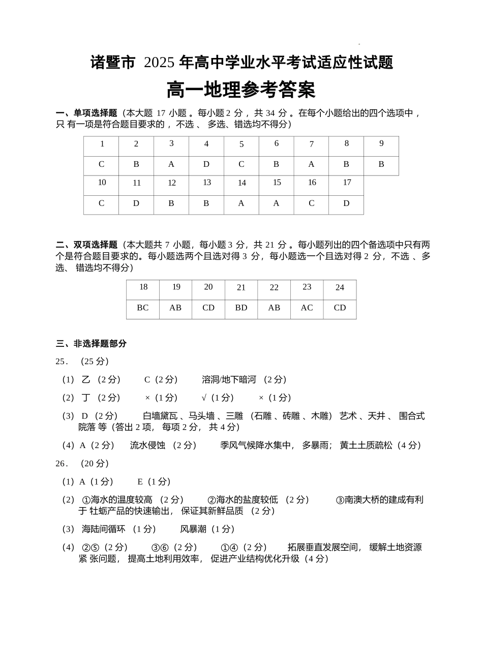 地理试题卷｜2506诸暨高一学考模拟考答案【浙江卷】【高一学考】浙江省诸暨市学考年高中学业水平适应性试题（6.11）.docx_第1页