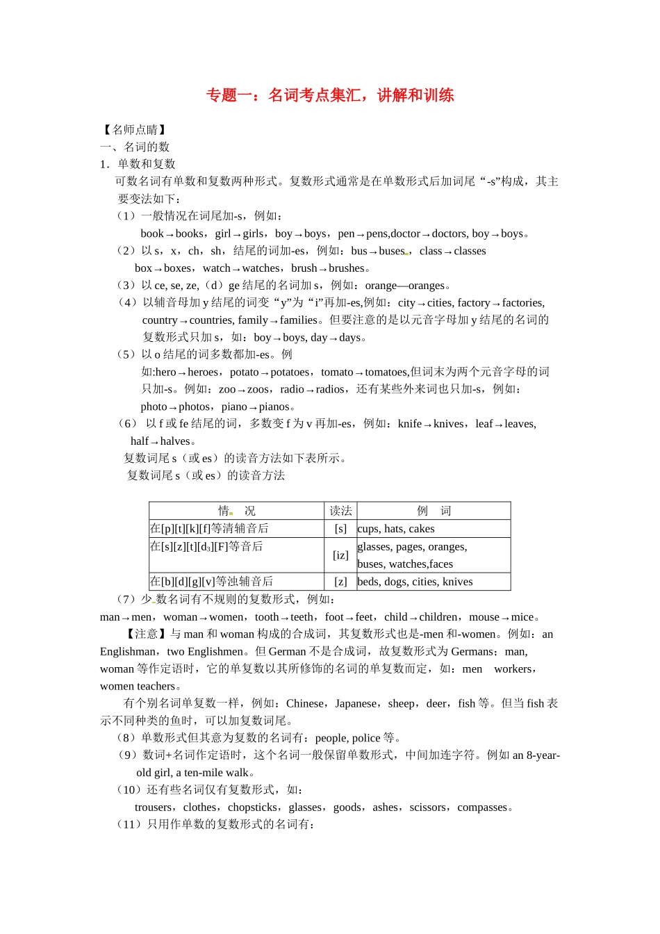 高一英语初高中衔接专题一名词考点集汇讲解和训练.doc_第1页