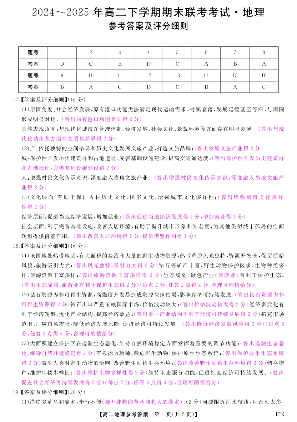河南省金科新未来2024~2025高二下学期期末联考考试金科新未来7月3-4日高二联考-地理评分细则.pdf_第1页