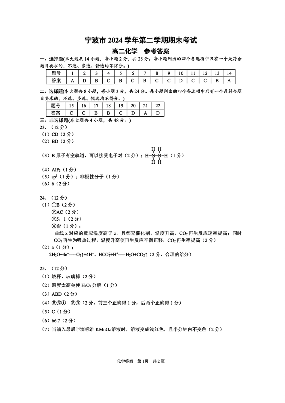 化学试题卷｜2506宁波高二下期末考答案【浙江卷】【高二下期末考】浙江省宁波市2024学年第二学期高二年级6月期末考试（6.25-6.27）.pdf_第1页