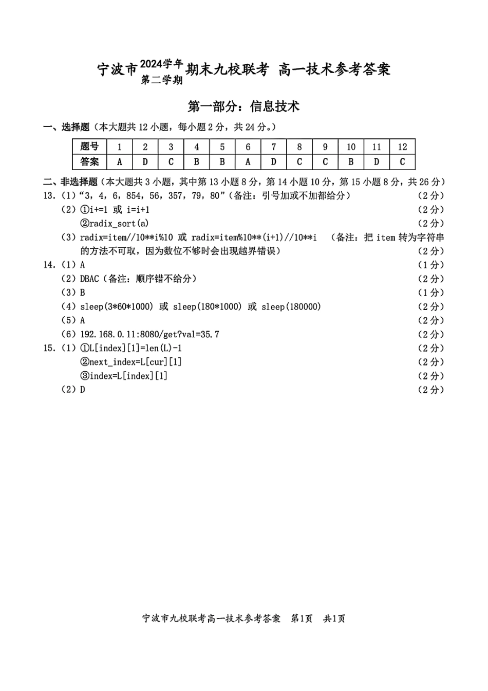 技术试题卷｜2506宁波九校高二下期末联考答案【浙江卷】【高二下期末考】浙江省宁波市2024学年第二学期九校高二年级期末联考(6.25-6.27).pdf_第1页