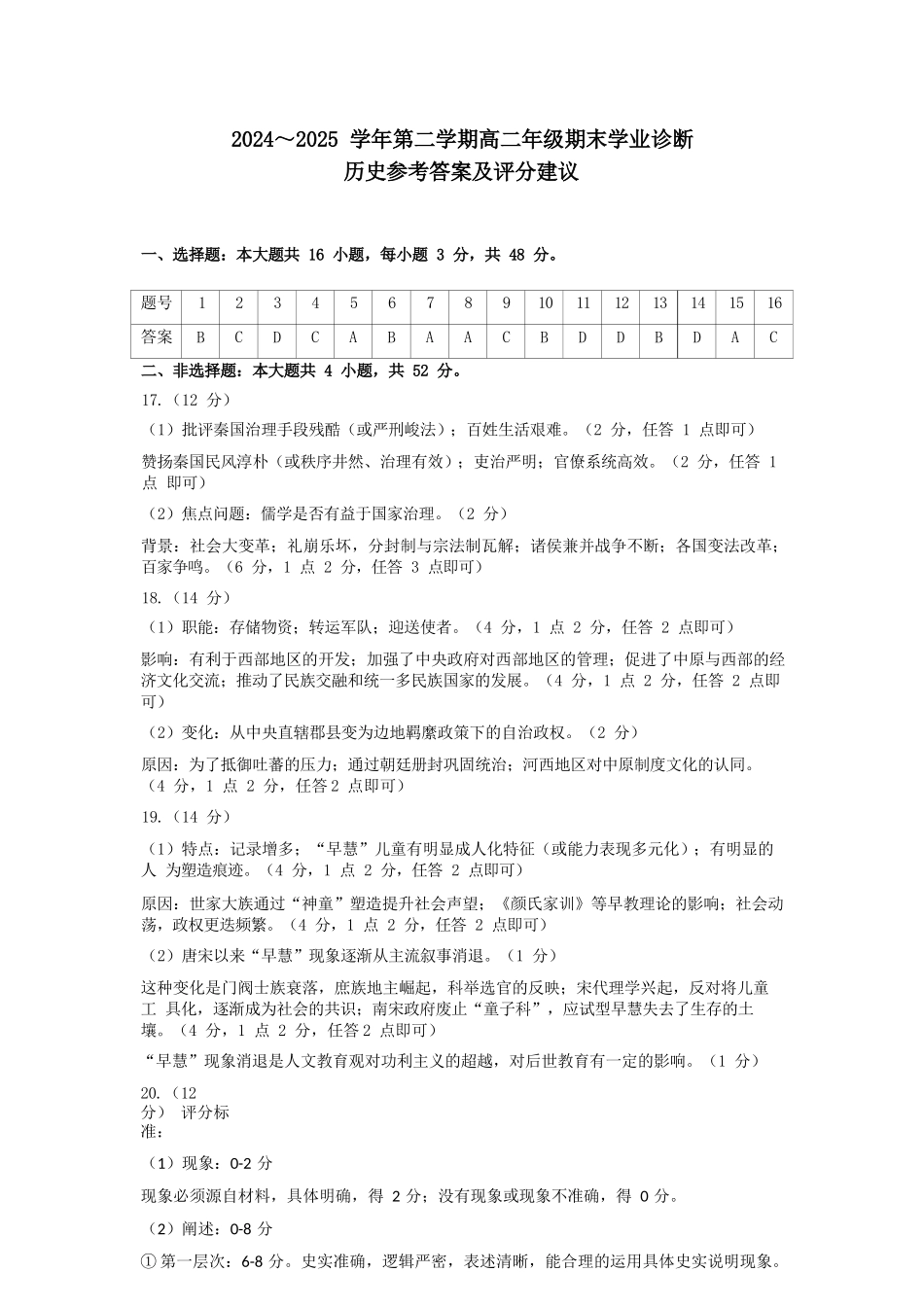 历史试卷答案【西北卷】【高二下期末考】山西省太原市2024~2025学年第二学期高二年级期末学业诊断（7.1-7.2）.docx_第1页