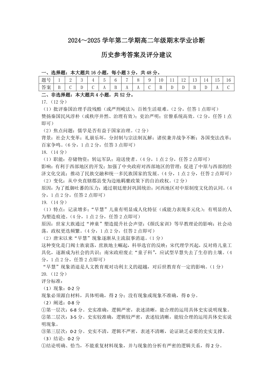 历史试卷答案【西北卷】【高二下期末考】山西省太原市2024~2025学年第二学期高二年级期末学业诊断（7.1-7.2）.pdf_第1页