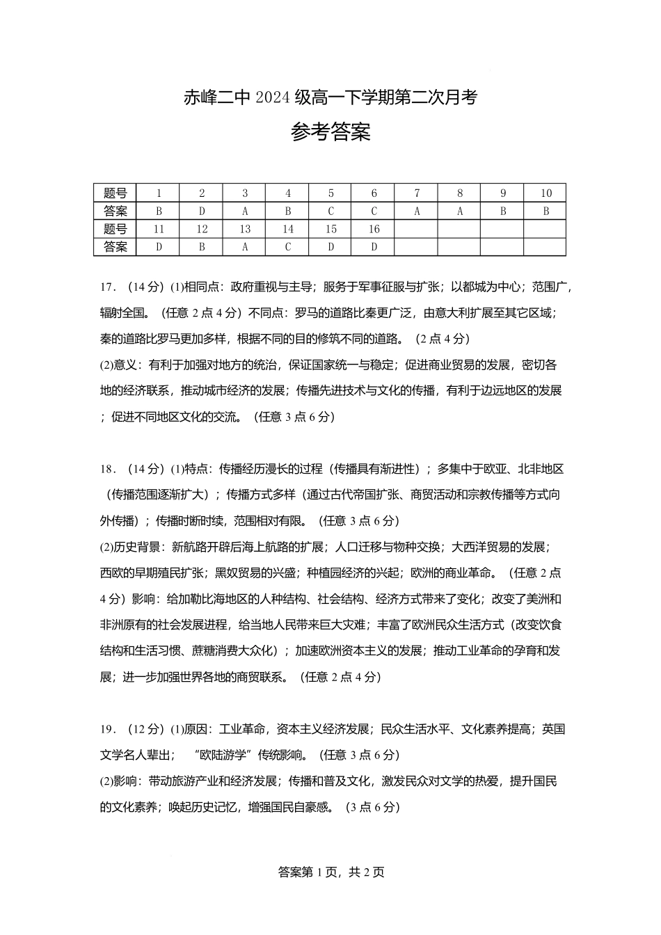 历史试题卷（高一月考二）答案【黑吉辽蒙卷】【高一】内蒙古赤峰二中2024-2025学年高一下学期第二次月考（时间未知）.docx_第1页