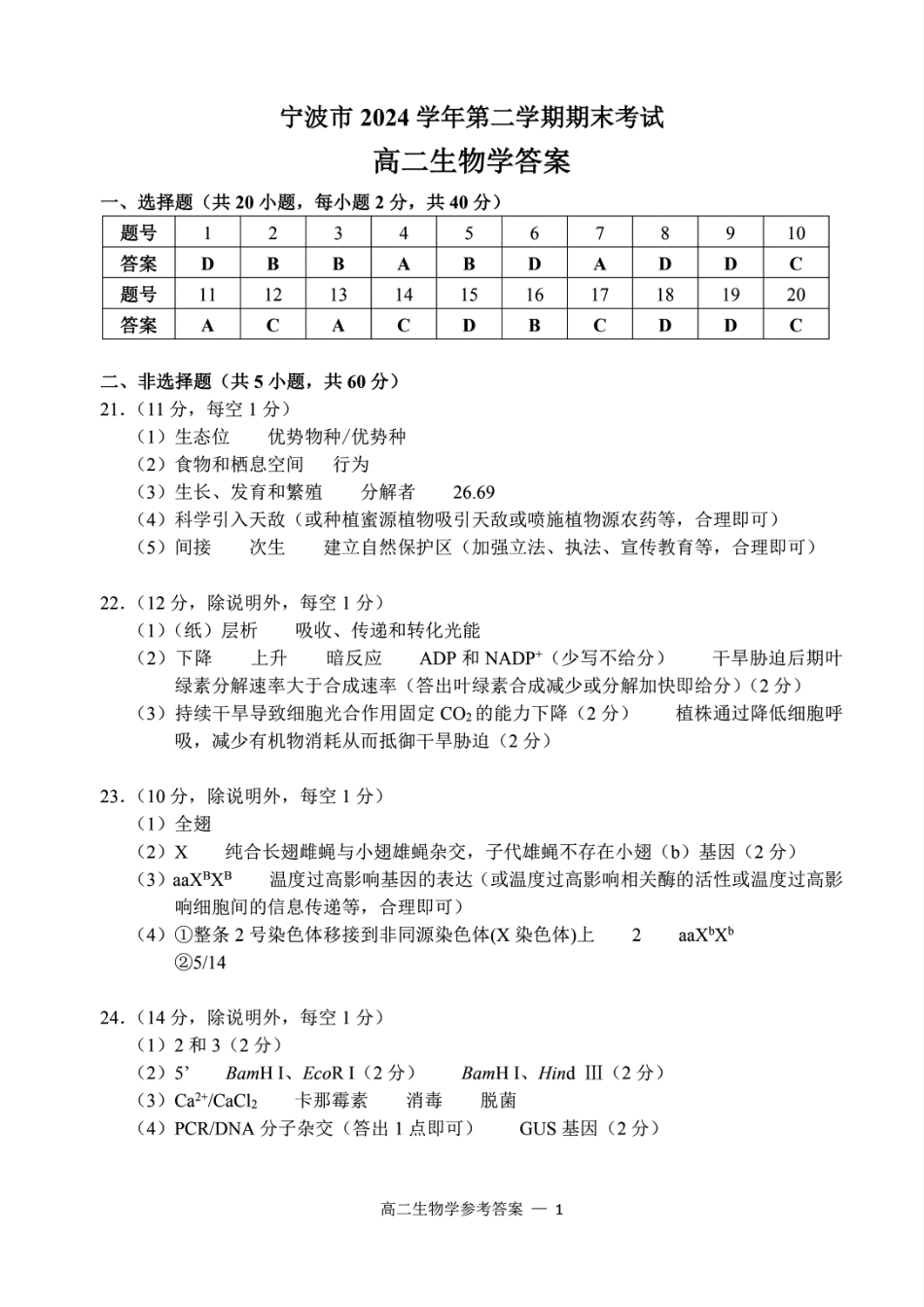 生物试题卷｜2506宁波高二下期末考答案【浙江卷】【高二下期末考】浙江省宁波市2024学年第二学期高二年级6月期末考试（6.25-6.27）.pdf_第1页