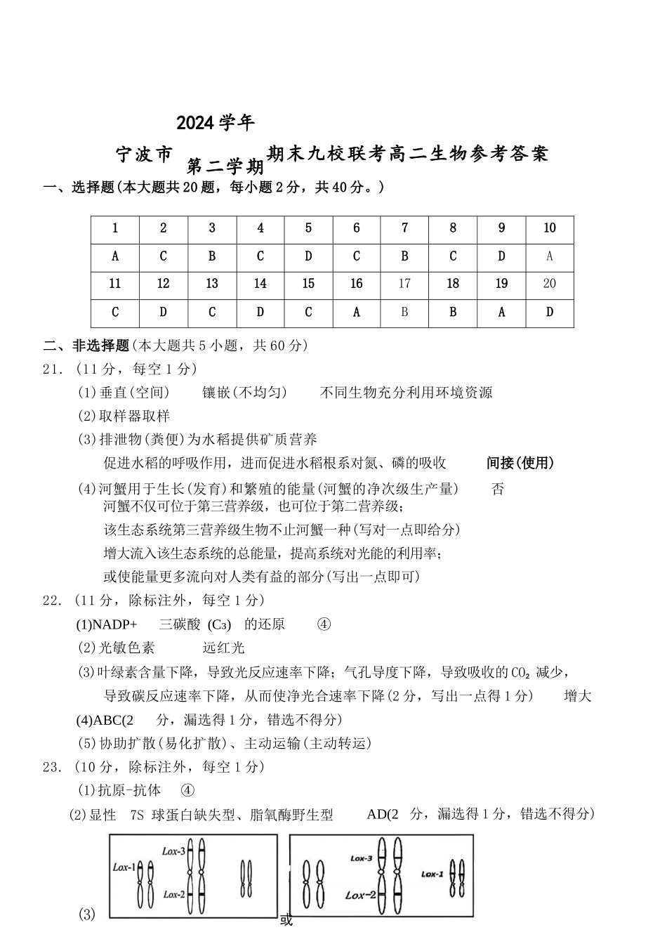 生物试题卷｜2506宁波九校高二下期末联考答案【浙江卷】【高二下期末考】浙江省宁波市2024学年第二学期九校高二年级期末联考(6.25-6.27).docx_第1页