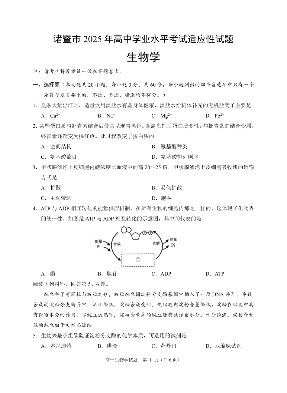 生物试题卷｜2506诸暨高一学考模拟考【浙江卷】【高一学考】浙江省诸暨市学考年高中学业水平适应性试题（6.11）.pdf_第1页