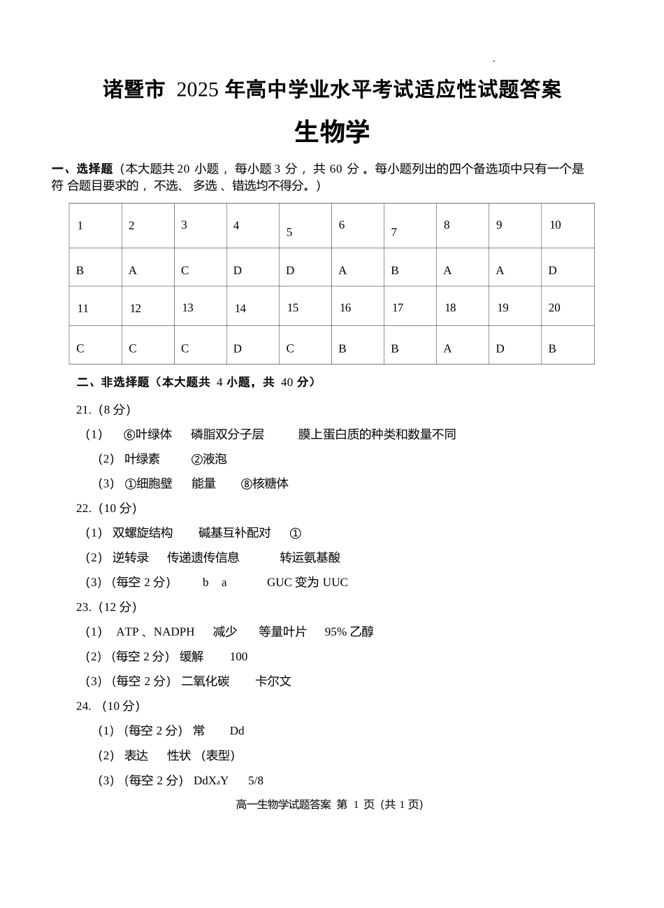 生物试题卷｜2506诸暨高一学考模拟考答案【浙江卷】【高一学考】浙江省诸暨市学考年高中学业水平适应性试题（6.11）.docx_第1页