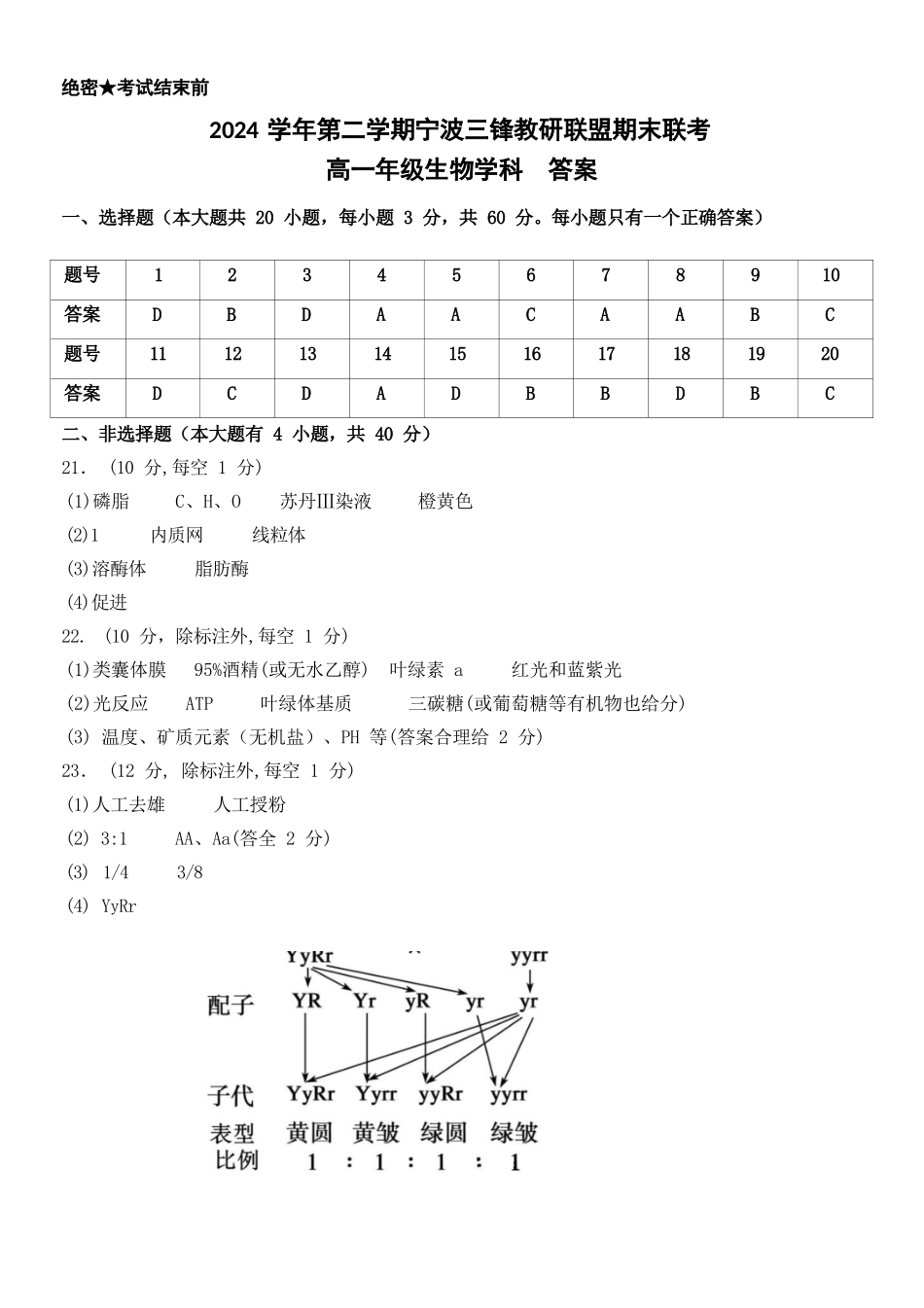 生物试题卷｜宁波三锋教研联盟高一下期末考答案【浙江卷】【高一下期末考】浙江省2024学年第二学期宁波市三锋教研联盟高一年级期末联考（6.25-6.27）.docx_第1页