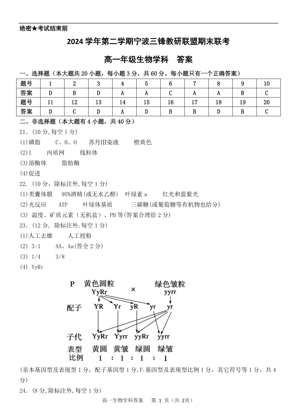 生物试题卷｜宁波三锋教研联盟高一下期末考答案【浙江卷】【高一下期末考】浙江省2024学年第二学期宁波市三锋教研联盟高一年级期末联考（6.25-6.27）.pdf_第1页