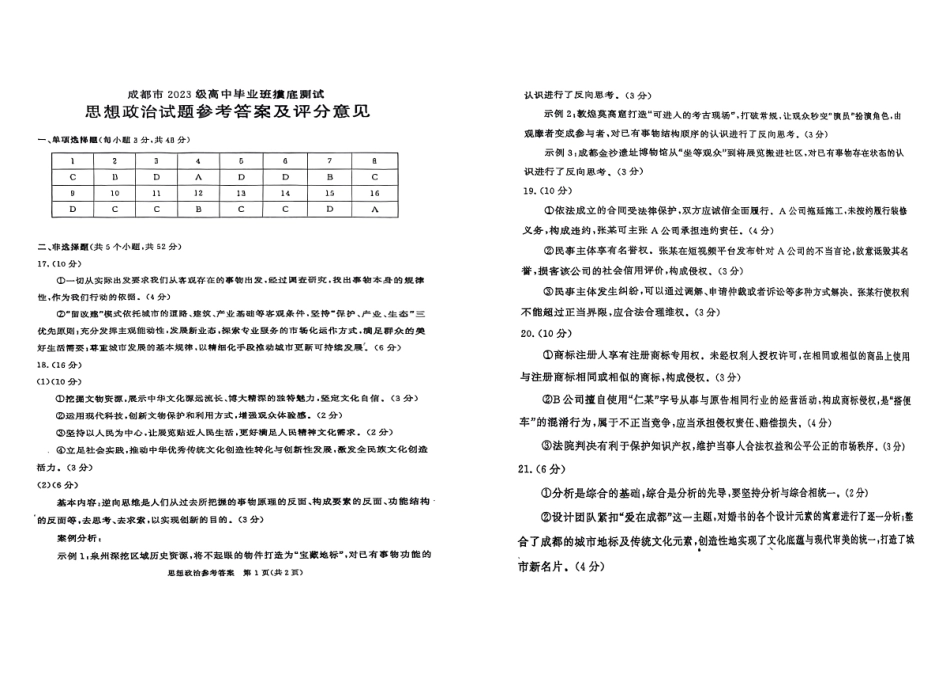 四川省成都市2023级高中毕业班摸底测试（成都零诊）政治答案.pdf_第1页