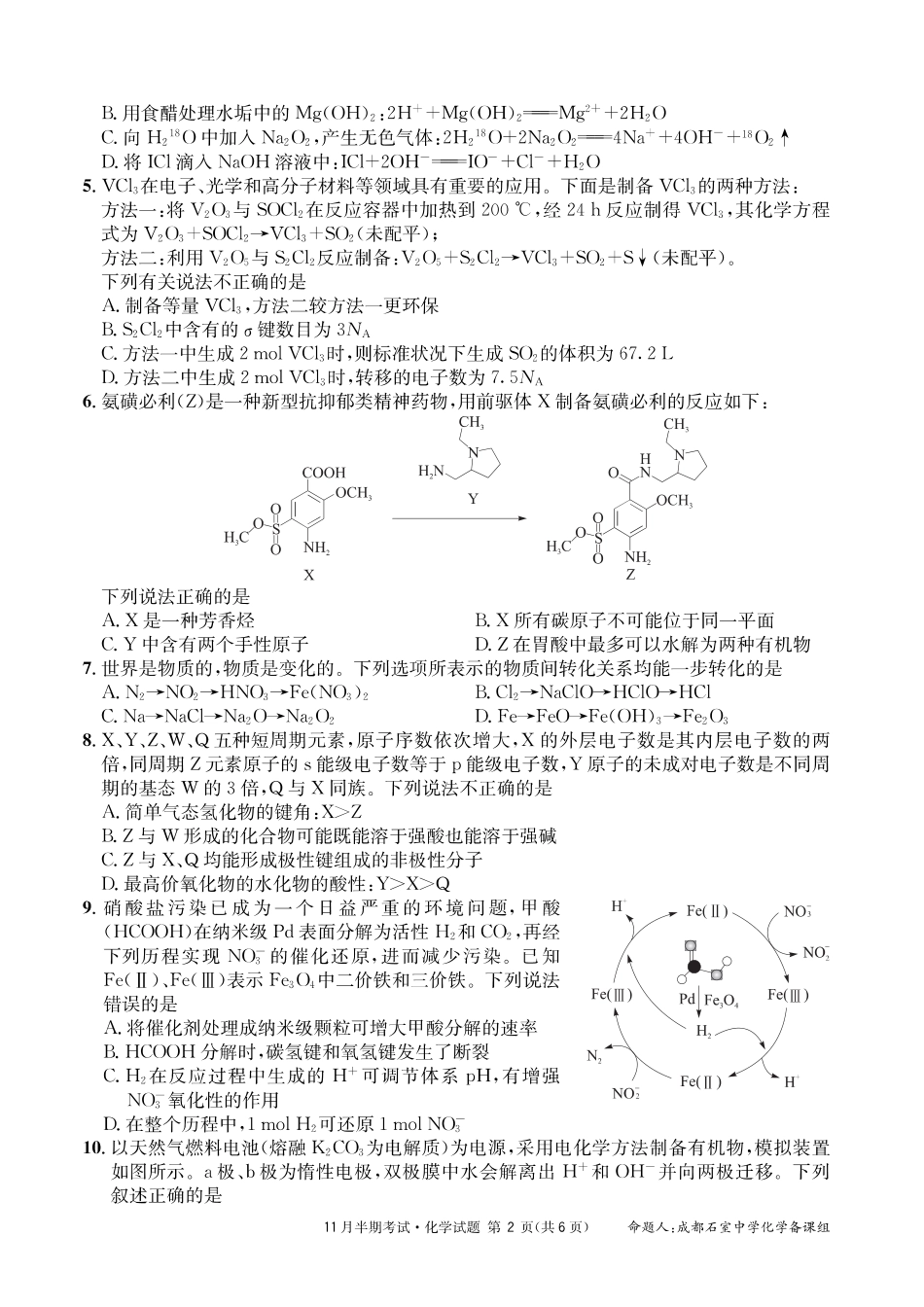 四川省成都市石室中学2025届高三上学期期中考试化学试题.pdf_第2页