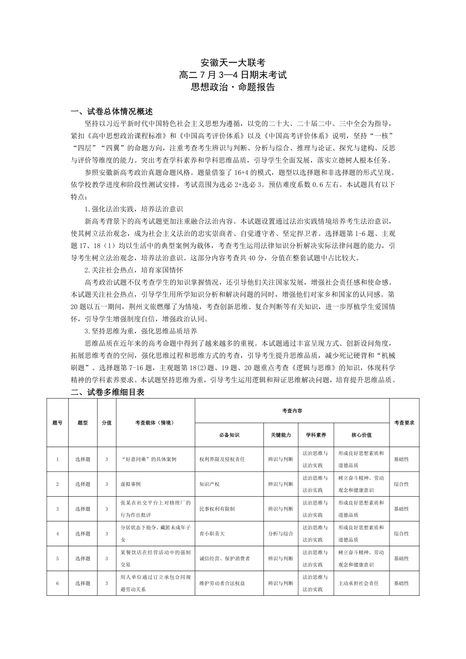 天一大联考安徽省2024-2025学年（下）高二年级期末考试思想政治-安徽高二7月3-4日期末考试命题报告.pdf_第1页