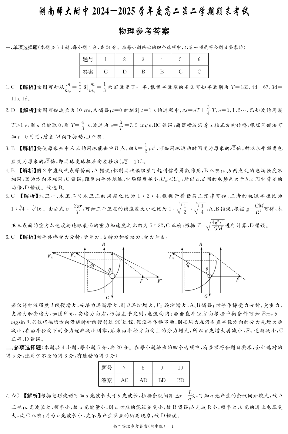 物理答案-湖南师大附中2024-2025高二下期末.pdf_第1页