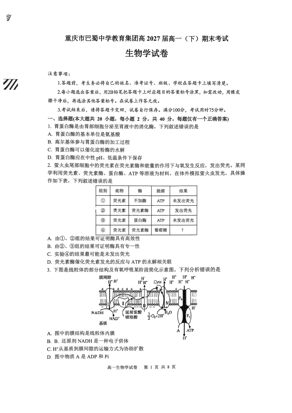 重庆市巴蜀中学教育集团高2027届高一（下）期末考试巴蜀中学高一下期末考试生物.pdf_第1页