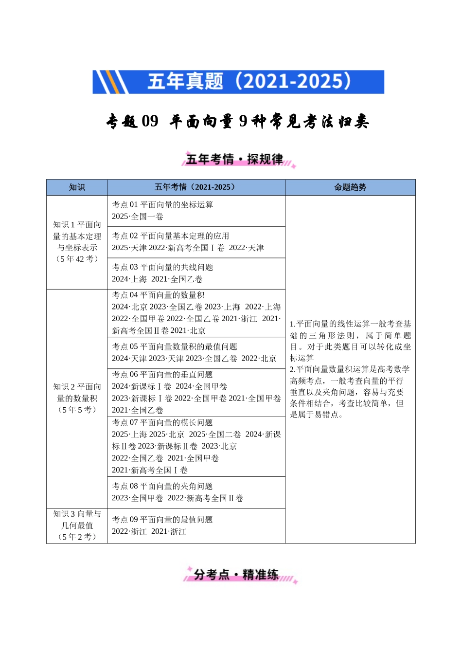 专题09 平面向量9种常见考法归类（全国通用）（原卷版）-2021-2025高考数学真题分类汇编.docx_第1页