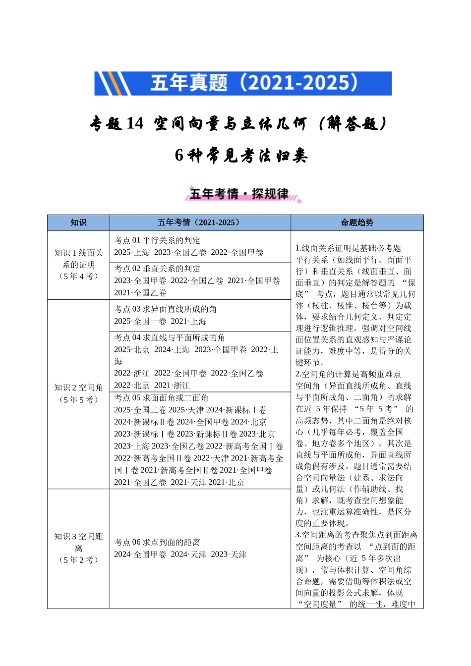 专题14 空间向量与立体几何（解答题）6种常见考法归类（全国通用）（解析版）-2021-2025高考数学真题分类汇编.docx_第1页
