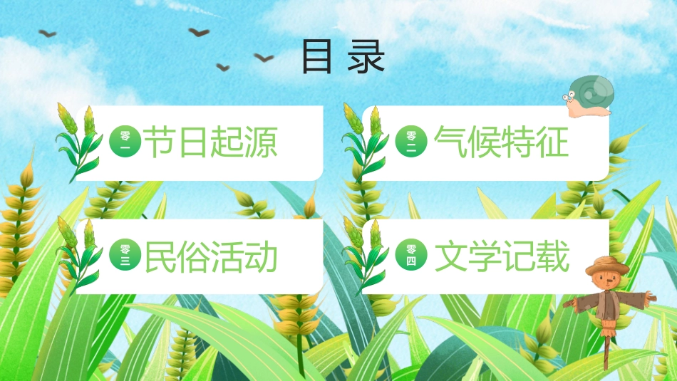 绿色插画麦穗稻草人背景的小满节气介绍PPT模板.pptx_第2页