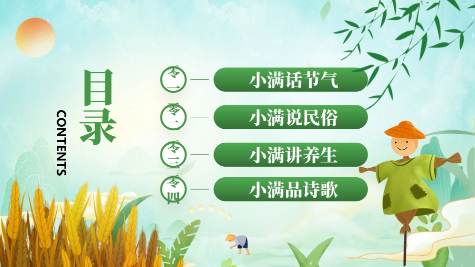 绿色卡通农民麦穗背景的小满传统节气介绍PPT模板.pptx_第2页