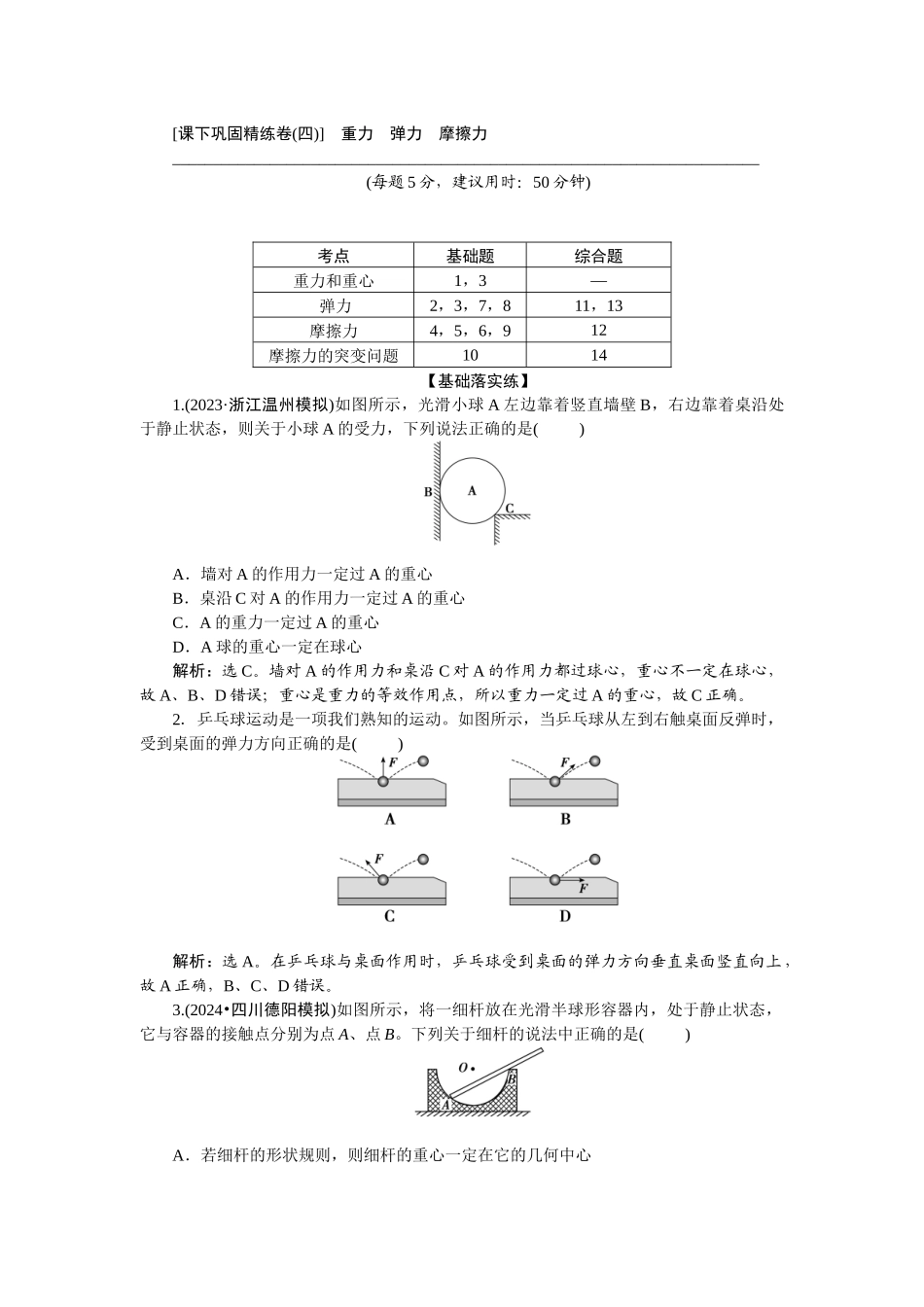2025版正禾一本通高三一轮总复习物理-06课下巩固精练卷(四)　重力　弹力　摩擦力.docx_第1页
