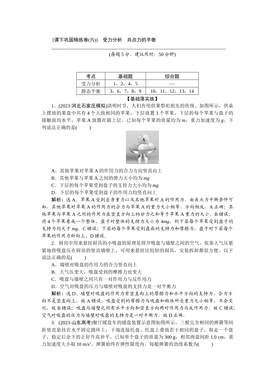 2025版正禾一本通高三一轮总复习物理-08课下巩固精练卷(六)　受力分析　共点力的平衡.docx_第1页