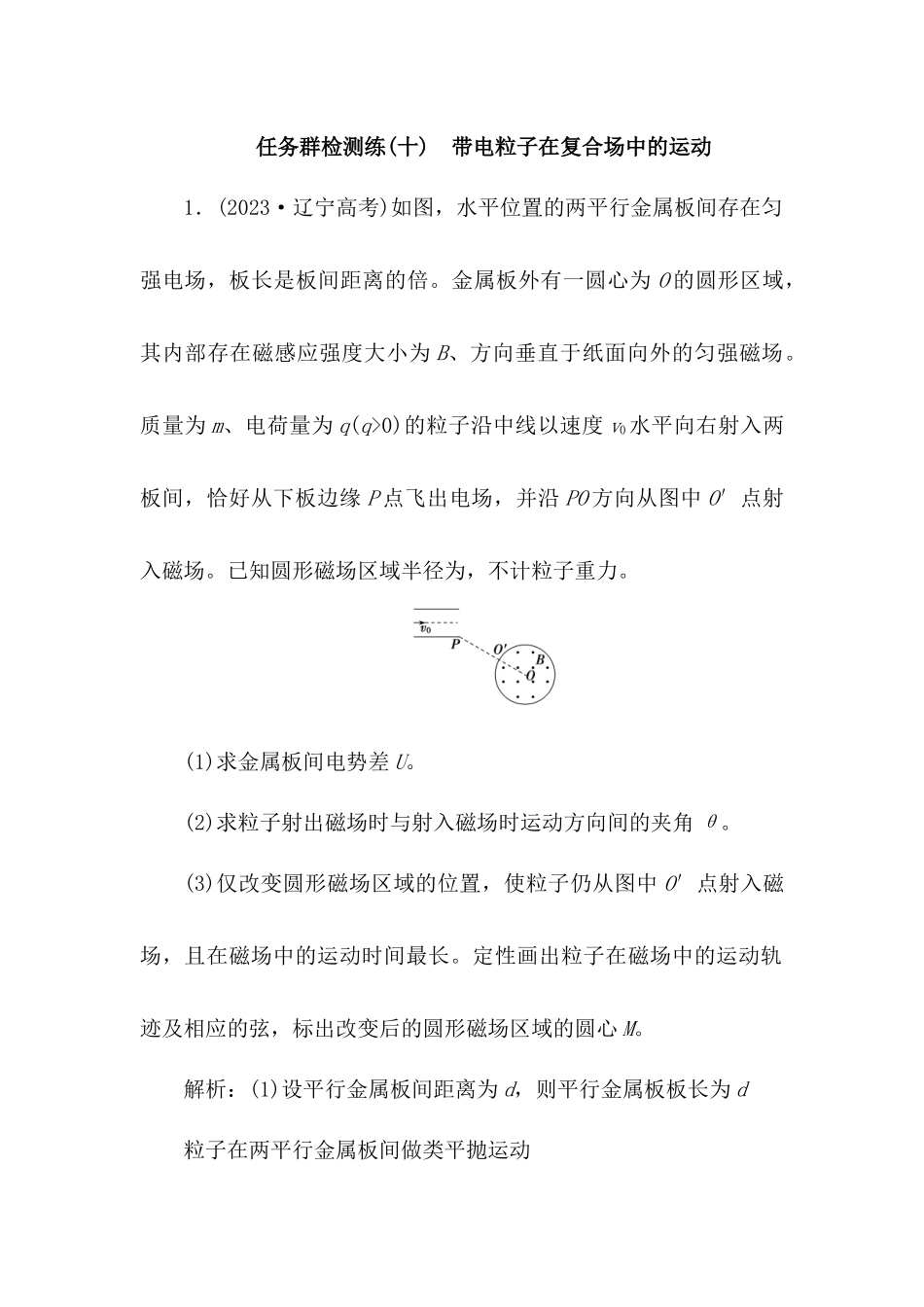 2025版正禾一本通高三一轮总复习物理-10任务群检测l练(十)  带电粒子在复合场中的运动.docx_第1页