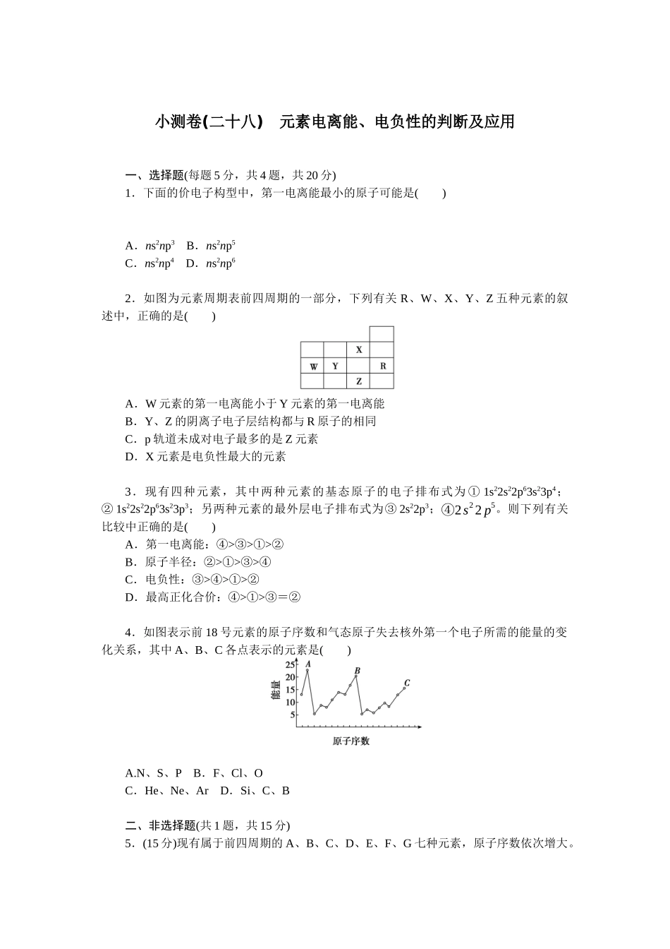 2026版正禾一本通高三一轮总复习化学单选-小测卷(二十八)　元素电离能、电负性的判断及应用(1).docx_第1页