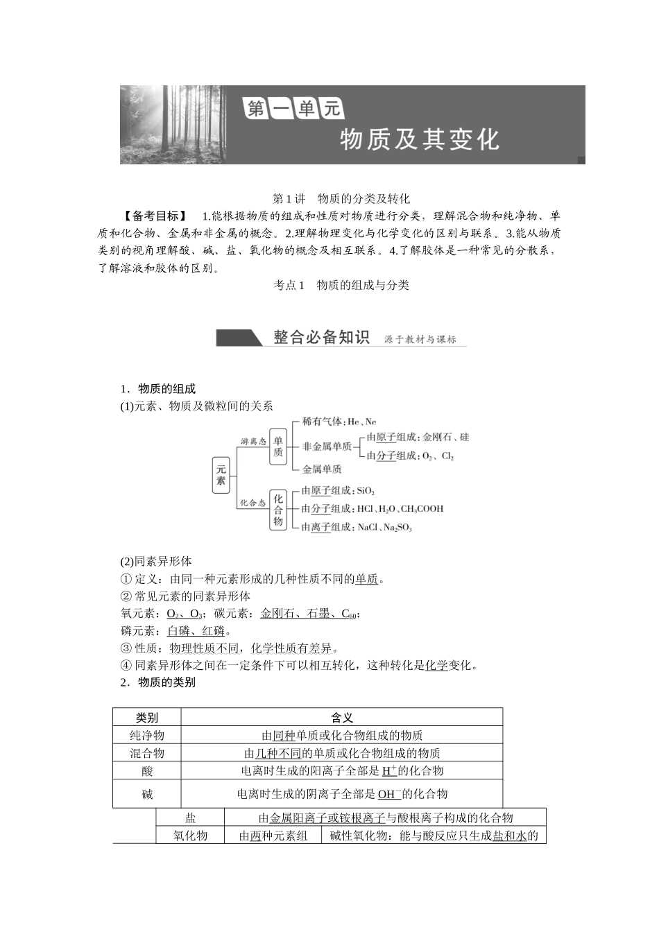 2026版正禾一本通高三一轮总复习化学-第一单元  物质及其变化.docx_第1页