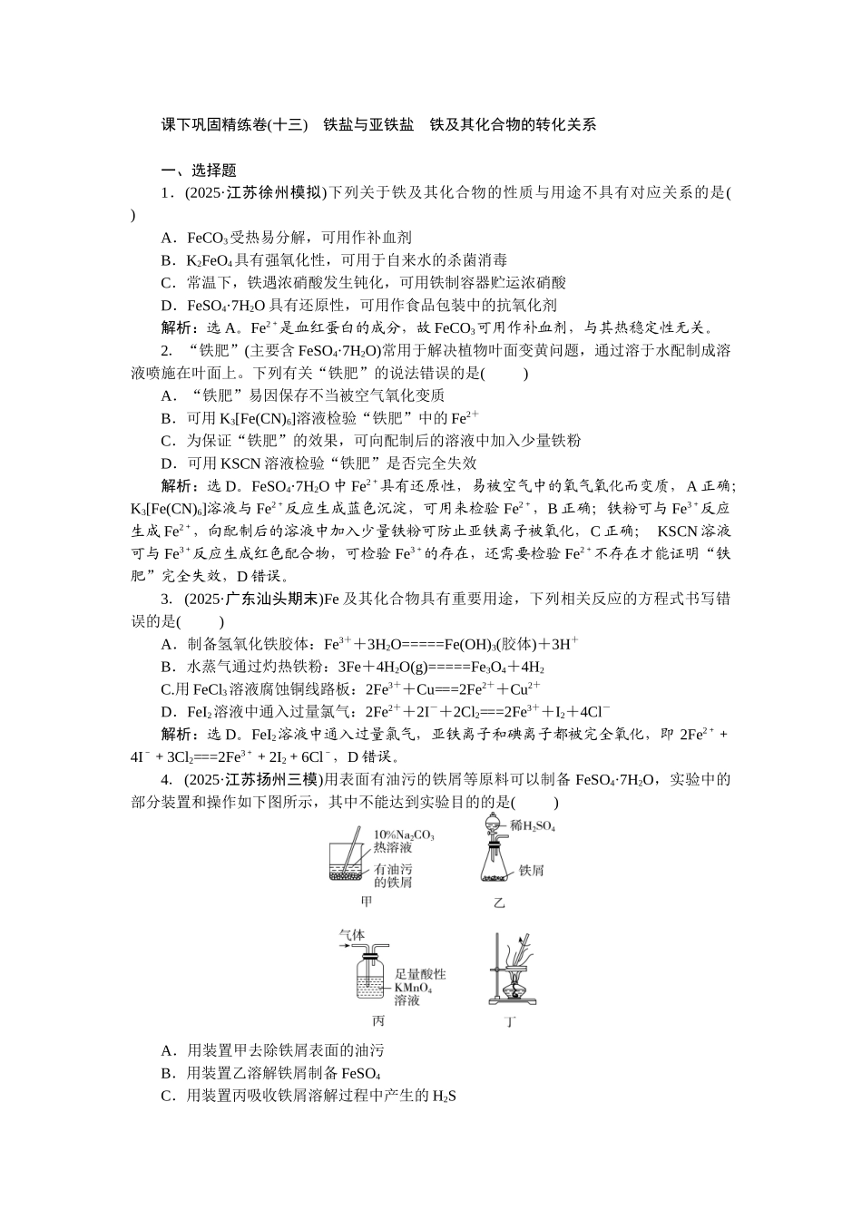 2026版正禾一本通高三一轮总复习化学-课下巩固精练卷(十三)　铁盐与亚铁盐　铁及其化合物的转化关系.docx_第1页