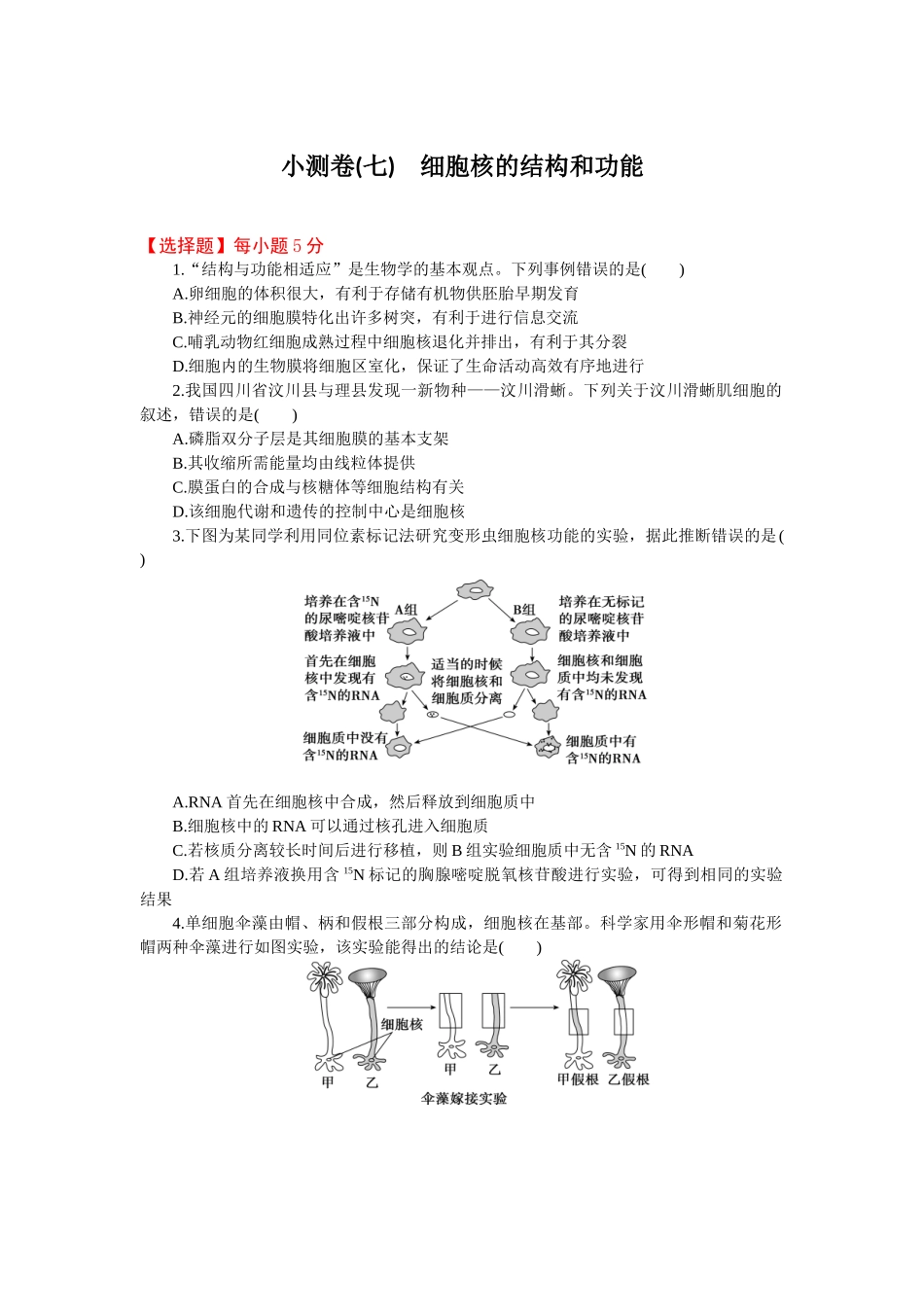 2026版正禾一本通高三一轮总复习生物-小测卷（七）(1).docx_第1页