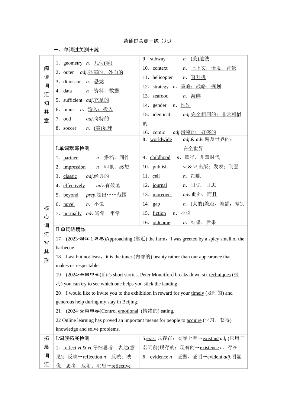 2026版正禾一本通高三一轮总复习英语（北师版）-背诵过关测＋练 (九).docx_第1页