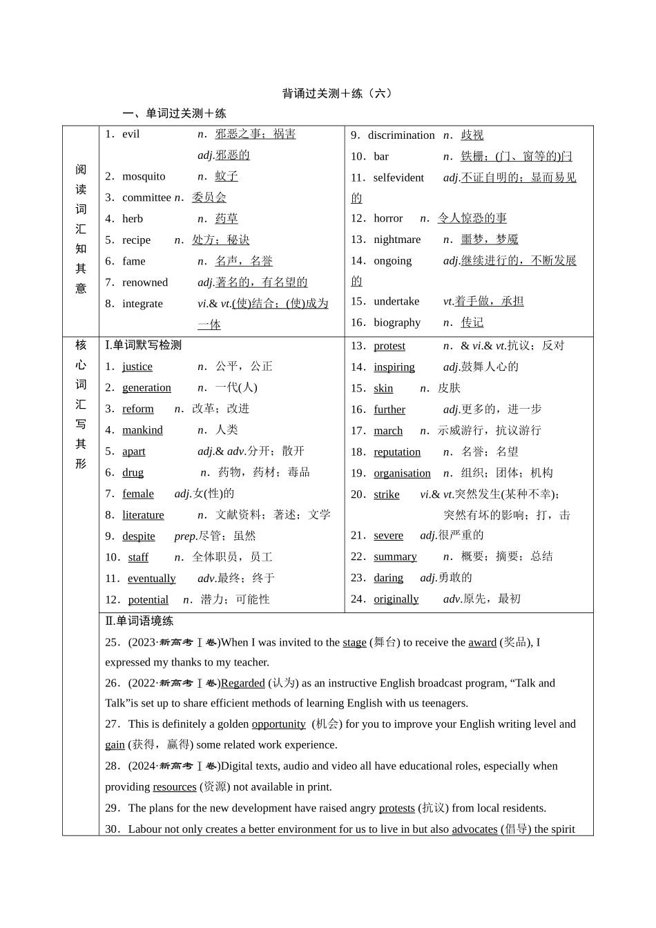 2026版正禾一本通高三一轮总复习英语（北师版）-背诵过关测＋练 (六).docx_第1页