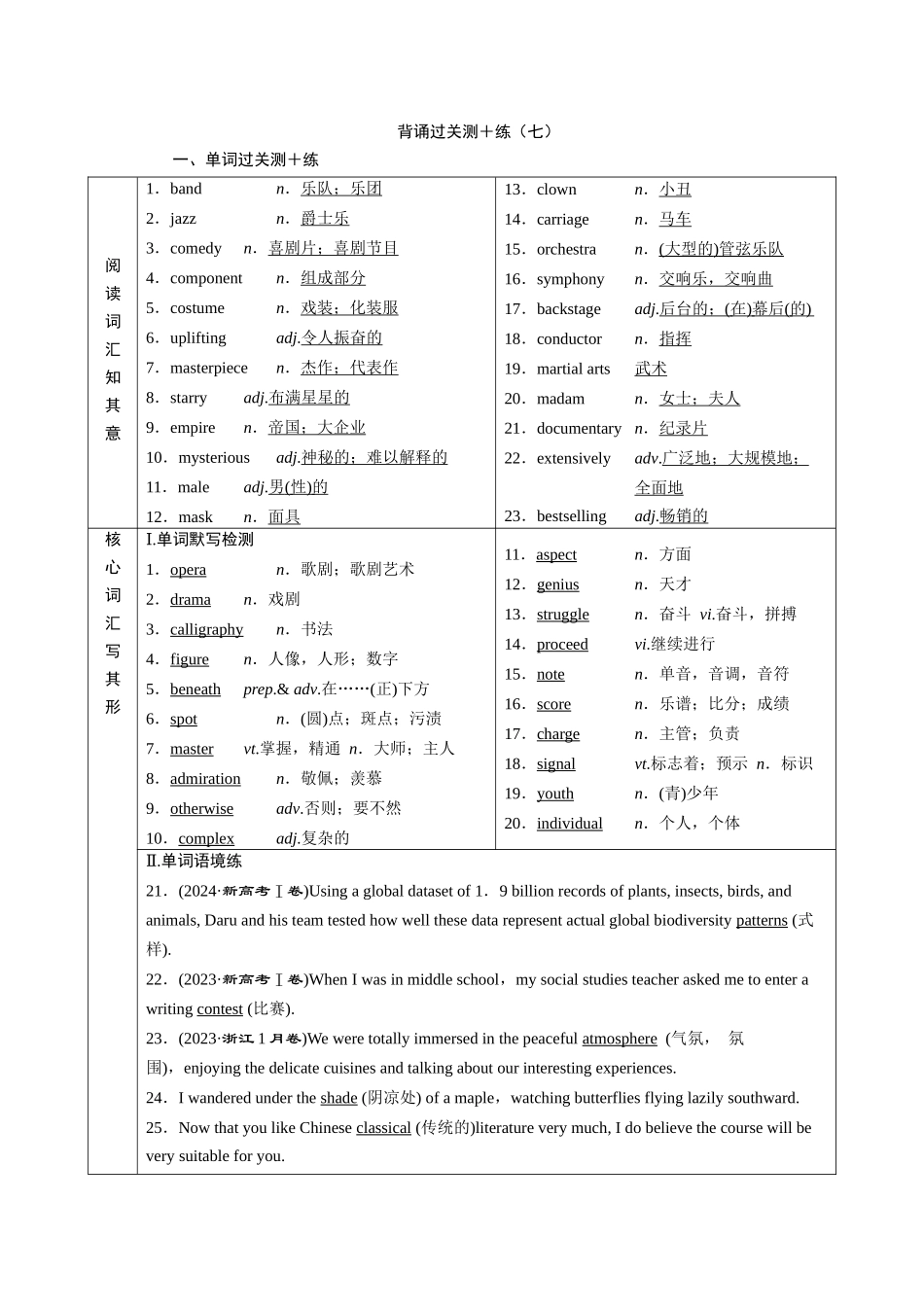 2026版正禾一本通高三一轮总复习英语（北师版）-背诵过关测＋练 (七).docx_第1页