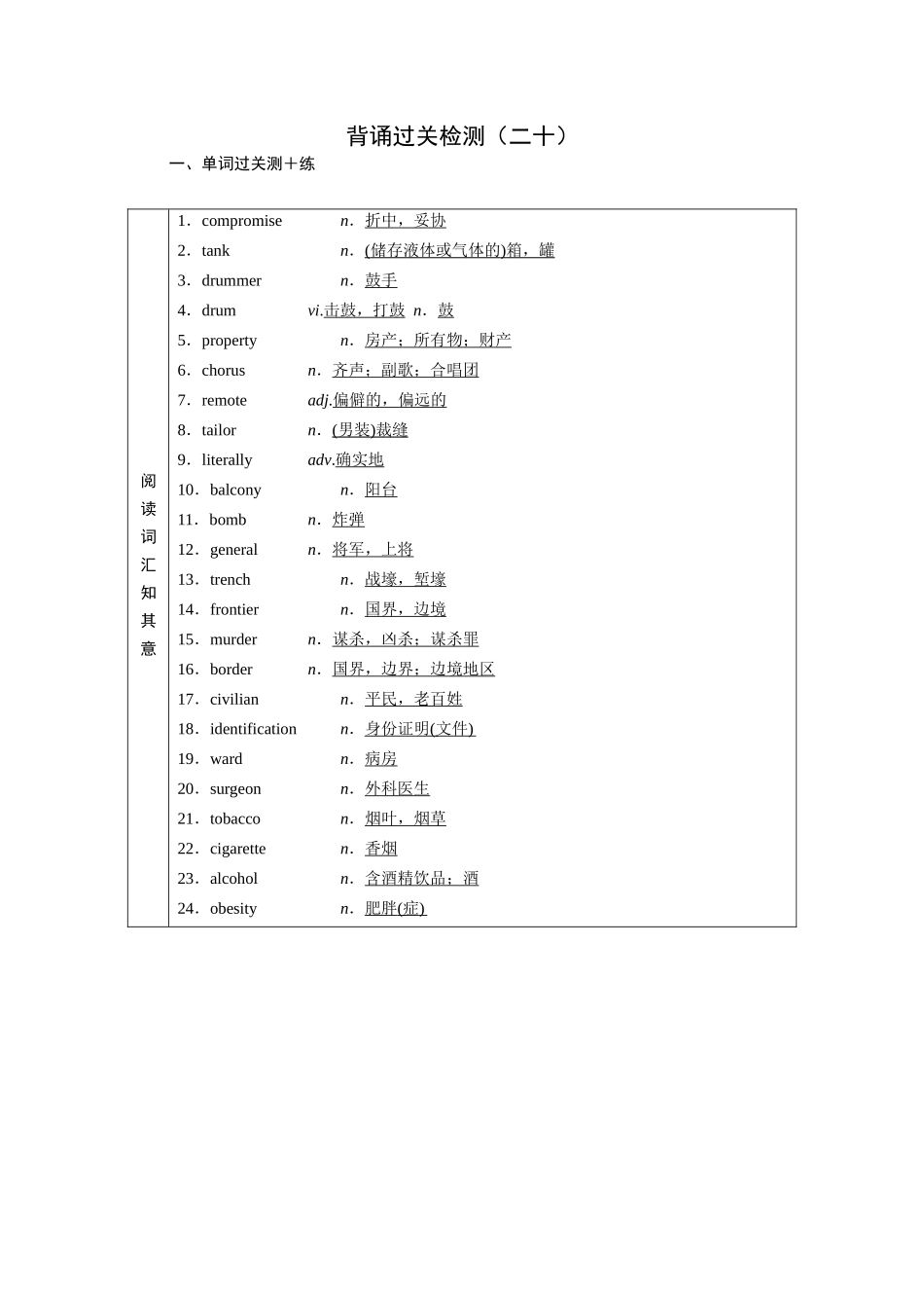 2026版正禾一本通高三一轮总复习英语（北师版）-背诵过关测+练（二十）.docx_第1页