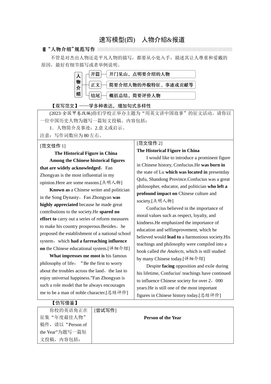 2026版正禾一本通高三一轮总复习英语（人教版）-速写模型(四)　人物介绍&报道.docx_第1页