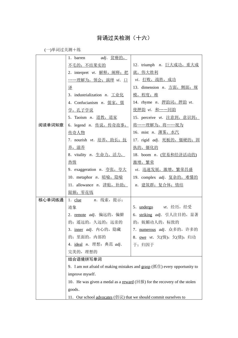 2026版正禾一本通高三一轮总复习英语（译林版）-背诵过关检测（十六）.docx_第1页