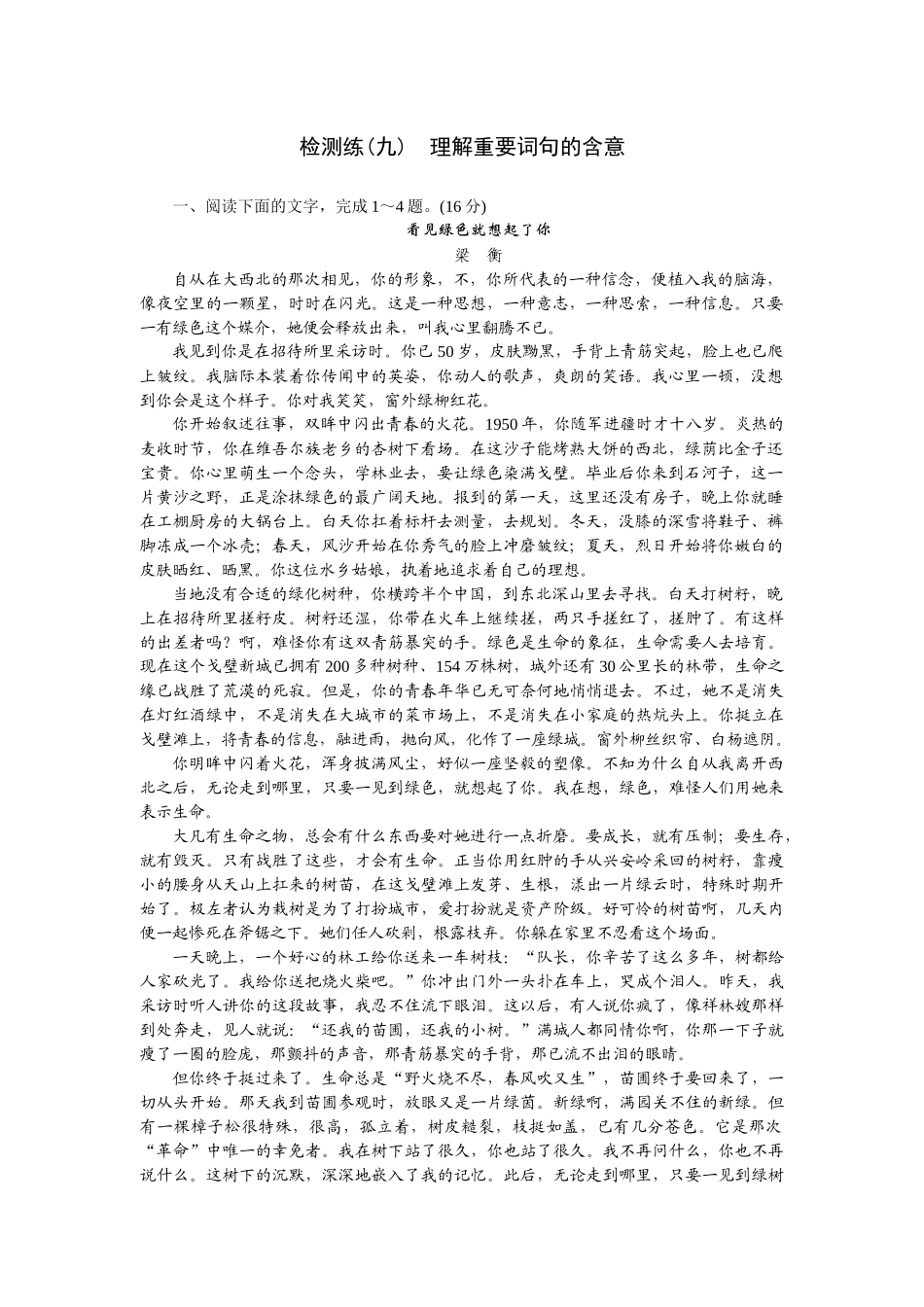2026版正禾一本通高三一轮总复习语文-检测练（九） 理解重要词句的含意.docx_第1页