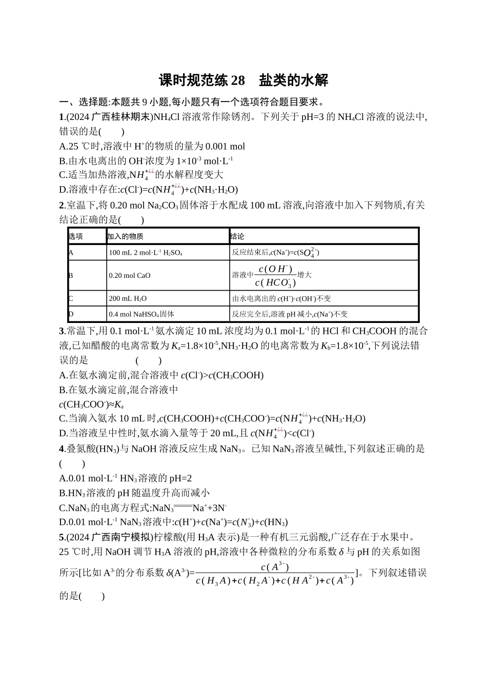 2026年高考总复习优化设计一轮复习化学（广西版）-课时规范练28　盐类的水解.docx_第1页